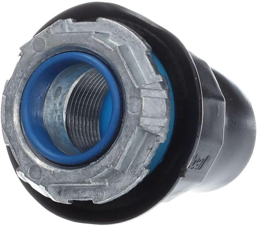 Angolato view of the Ocal HUB1-G 1-Inch PVC Coated Hub, showing the threaded interior and the exterior PVC coating.