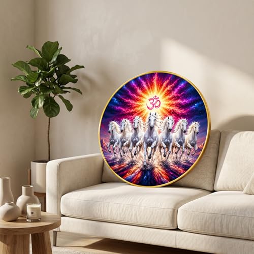 Image of SAF 7 Horse Om Vastu Round Wall Painting with Premium PVC Golden Frame, White Running Horses Colorful Aura Art for Living Room Office Home Decor Gift (20 x 20 Inch) GRL-442