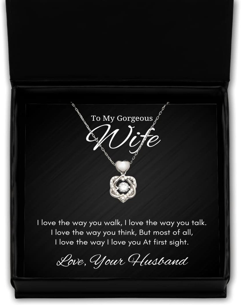to My Gorgeous Wife Heart Knot Silver Necklace, I Love The Way You Walk, Best Birthday Gifts, Engagement Gifts, Wedding Gifts, Valentines Day Gifts from Your Husband