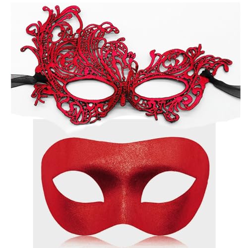 Aqearl Couple Masquerade Mask for Women Men Venetian Mask Halloween Mask for Party Prom Ball Costume Lace Mask (Red)