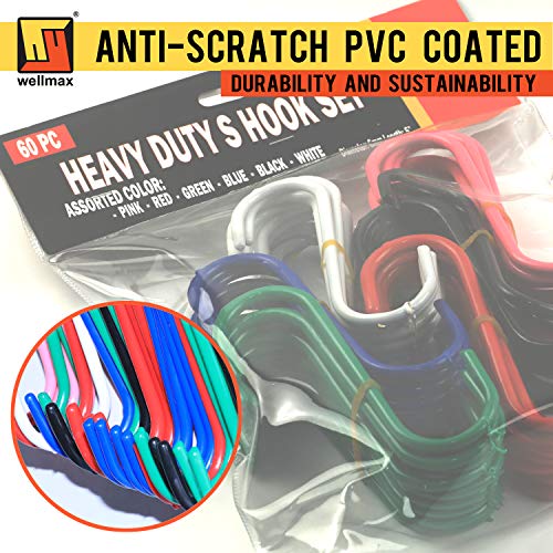 Wellmax 60Pcs S Hooks For Hanging, Heavy Duty S Shaped Hooks, Colored Metal S Hook Set For Hanging Plants, Closet, Kitchen, Pot Rack, And Pots And Pans. 5 Inches Long And 6Mm Thick #TOP3