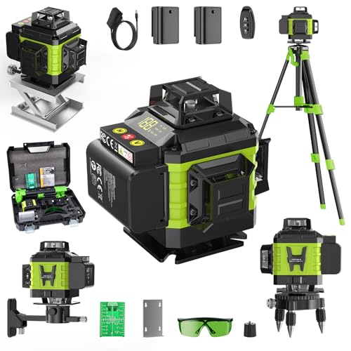 Kreuzlinienlaser Grün 16 Linien Nivellierlaser mit Stativ, 4 x 360 ° Laser wasserwaage, linienlaser kreuzlaser selbstnivellierend für Innenbereich Baustelle, 2 x Batterie Vermessungskabine