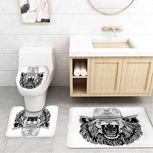 Bathroom Toilet Mats Lid Sets Rugs 3-Piece,Lion Wild Animal Wearing Cowboy Cap Fur