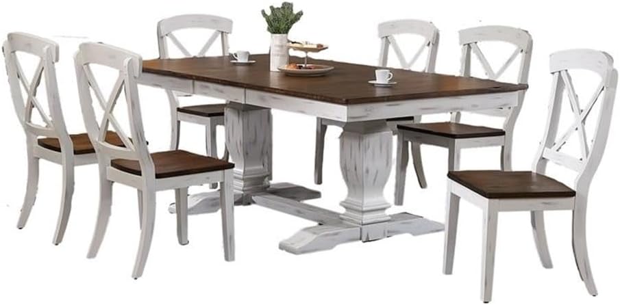 Pemberly Row 7-Piece Wood Dining Set, Cocoa Brown/Cotton White Finish, Rubberwood Table and X-Back Side Chairs, Rectangle Double Pedestal Table with 18" Leaf, Transitional Style for Kitchen or Dining