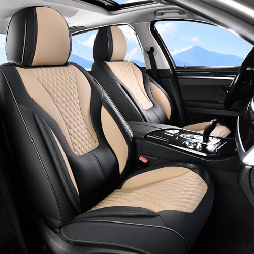 Image of Coverado Waterproof Nappa Leather Car Seat Covers, Automotive Fullset Seat Covers, 5 Seat Car Seat Cushion & Seat Protector, Black&Beige Front and Rear Covers Universal Fit for Most Cars, SUVs, Trucks