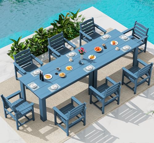 Image of SERWALL Outdoor Dining Set for 8, w / 2 Tables & 8 Armchairs, Blue
