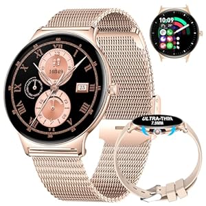 Women’s Smart Watch for Android iOS with Bluetooth Phone Calls 7mm Round Dial Female Smartwatch 1.43″ AMOLED Always-On Display Heart Rate Sleep Monitor Rose Gold Mesh Ladies Smartwatch 100+ Sport