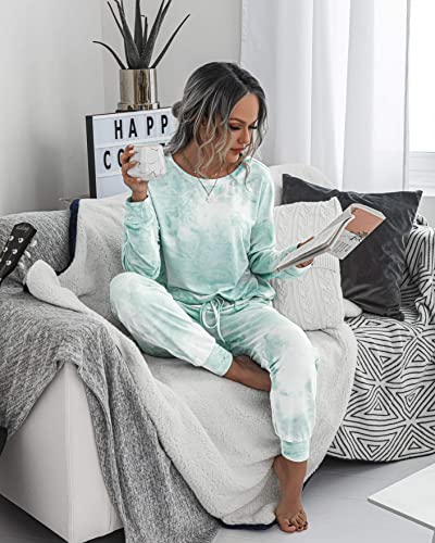 Prettygarden Women's Tie Dye Two Piece Pajamas Set Casual Long Sleeve Sweatshirt With Long Pants Loungewear (Green,Small) #TOP3