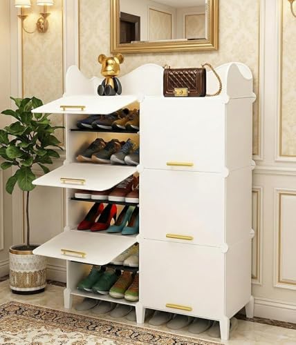 Image of Mevigo 12-Tier Shoe Rack with 8-Doors|Holds 24-Pairs |Waterproof & Dustproof Modular Plastic Shoe Cabinet|Foldable Stackable Shoe Organizer with MetalFrame |Space Saving Storage -White-HS2