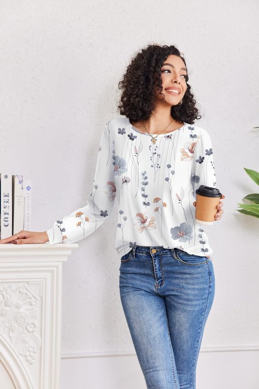 Women's Long Sleeve Shirts Fall Tops Dressy Casual Loose Puff Sleeve Tops Pleated Tunic - Crew Neck & V-Neck T-Shirts - Image 4