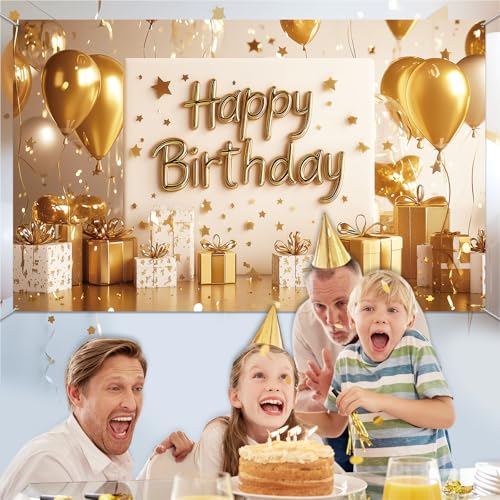 Tiamon Gold Happy Birthday Backdrop Banner White and Gold Background for Women Glitter Star and Balloon Photography Backdrop for Birthday Table Wall Decoration Party Supplies 72.8 x 43.3 Inch - image 6