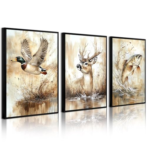 Vintage Animal Wall Art Baby Boy Room Canvas Wall Decor Farmhouse Animal Posters Kids Nursery Hunting Art Prints Rustic Deer Fish Pictures Mallard Duck Painting for Bedroom 12x16 Inch Unframed 3pcs