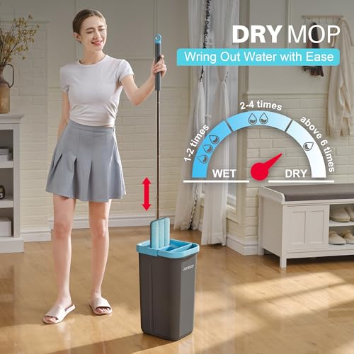 Image of JOYMOOP Mop and Bucket Set with Wringer, with 3 Reusable Microfiber Mop Pads, Mops for Floor Cleaning and Wall Cleaning, Hands-Free Flat Mop for Home Use - Grey+Cyan Blue