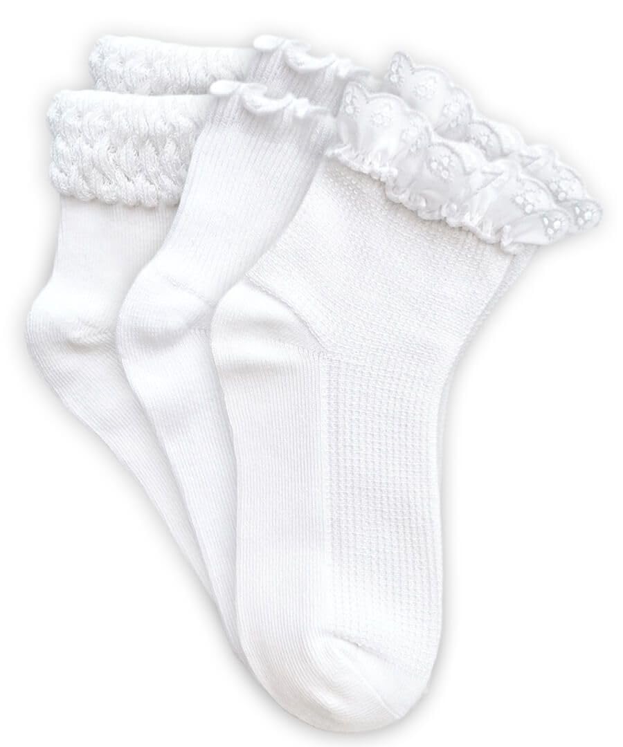 Jefferies SocksGirls 3 Pairs Seamless Grommet Lace Ruffle Socks 3 Pair Pack Seamless Grommet Socks, blank, P