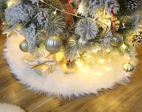 Woolous Christmas Tree Skirt 120cm Large Xmas Tree Skirts Luxury Mongolian Sheep Imitation Wool Christmas Tree Base Covers for Indoor Holiday Decorations (White, 47 In)