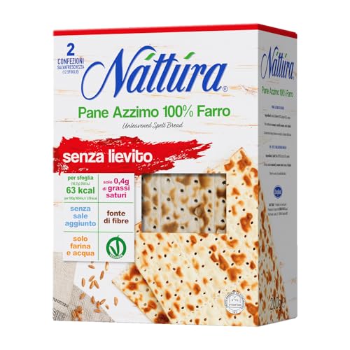 NATTURA Pane Azzimo di Farro, Pane Azzimo Senza Lievito e Senza Sale Aggiunto, 100% Farina di Farro, Fonte di Fibre, 63 Kcal per Sfoglia, Prodotto Vegano, 220 g