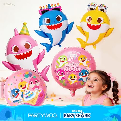 Image of PartyWoo Baby Shark Family Foil Balloons 5pcs Baby Shark Family Pink Round Mylar Helium Balloons for Boys and Girls Birthday Decorations Under the Sea Ocean Theme Kids Birthday Party Decorations