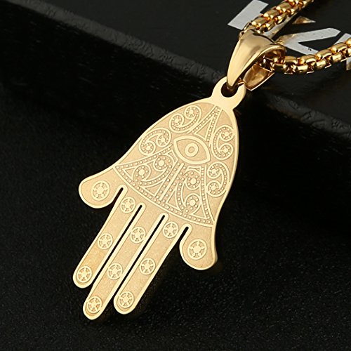 HZMAN Khamsah Stainless Steel Egyptian Eye Fatima Hamsa Hand Pendant Necklace Success and Protection Lucky3