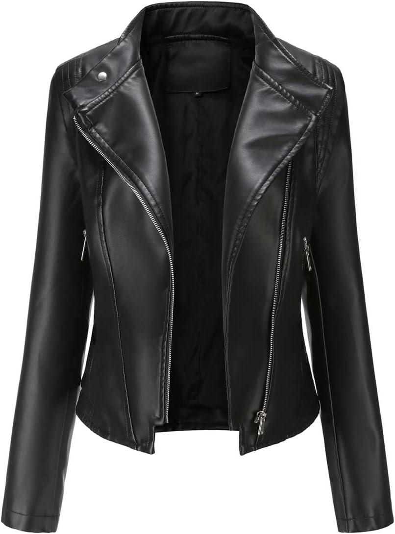 Leather Jacket Women Zip Up Biker Moto Jacket Short Bomber Jacket Motorcycle Jacket Outwear Coat