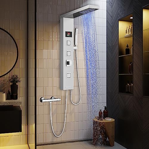 LED Colonne Panneau de Douche Hydromassante sans Mitigeur et Batterie, avec Affichage de la Température, Douche Pluie, Jets de Massage, Douchette à Main et Bec de Baignoire, Acier inox 304, Brossée