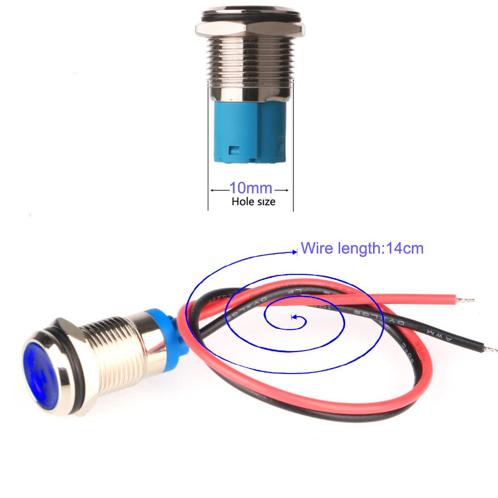 Gebildet 5Szt. 10mm AC/DC 12-24V Energooszczędna Dioda Led Metalowy Wskaźnik Świetlny Wodoodporna Lampka Sygnalizacyjna Z Przewodem (Niebieska)