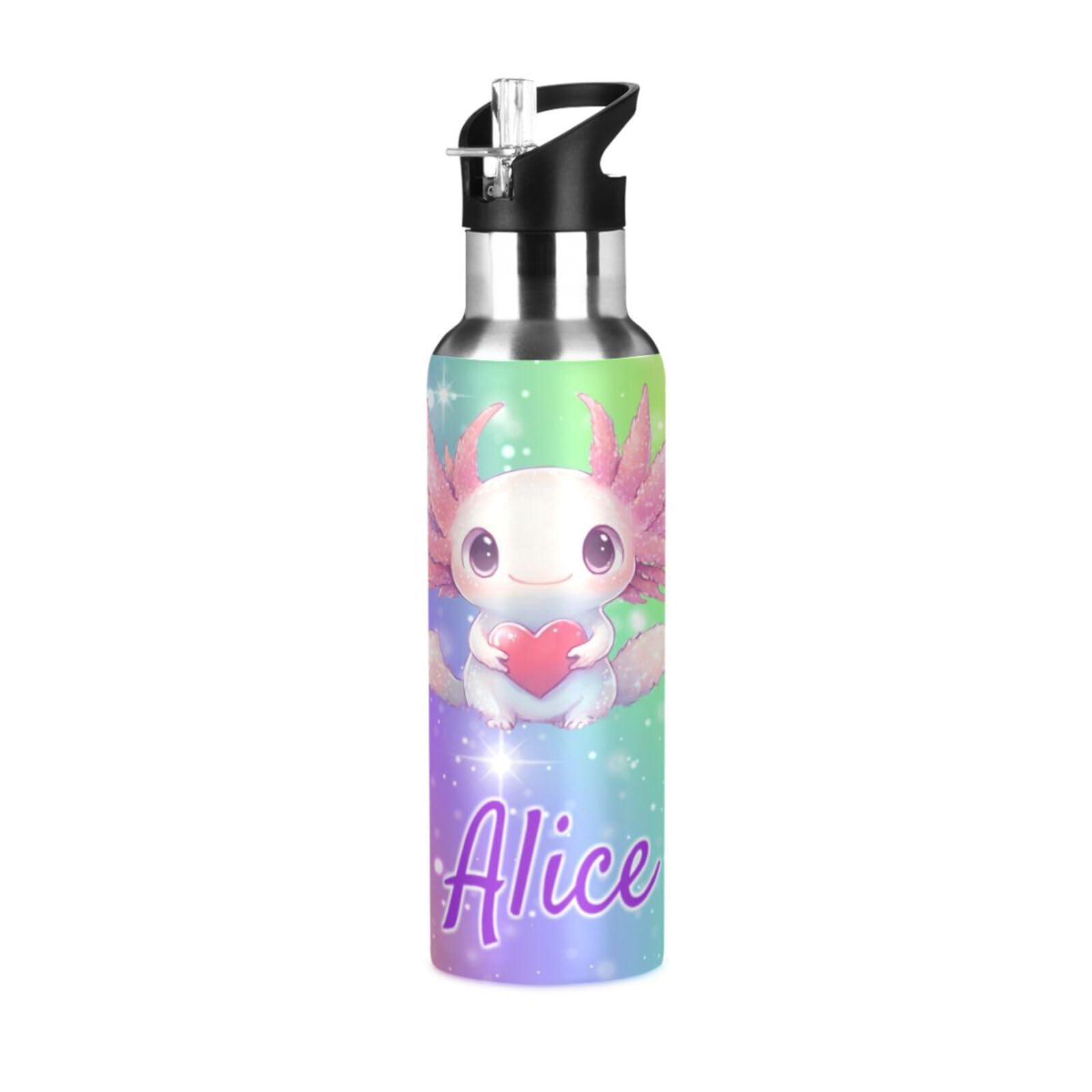 Kcldeci Custom Water Bottles Personalized with Straw Lid 20 oz Cute Chibi Axolotl Heart Customized Stainless Steel Water Bottles with Names Double