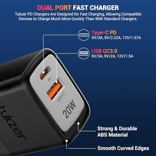 Image of Tukzer 20W Dual Port GaN3 Ultra 2X Faster Charger(Type C PD3.0 & USB QC3.0) Adapter for iPhone 17 /17 Plus /17 Pro /17 Pro Max, iPhone 16 /16 Plus /16 Pro /Max,15 /14 /13 /12 Series,Samsung,MacBook,Laptops-BLK