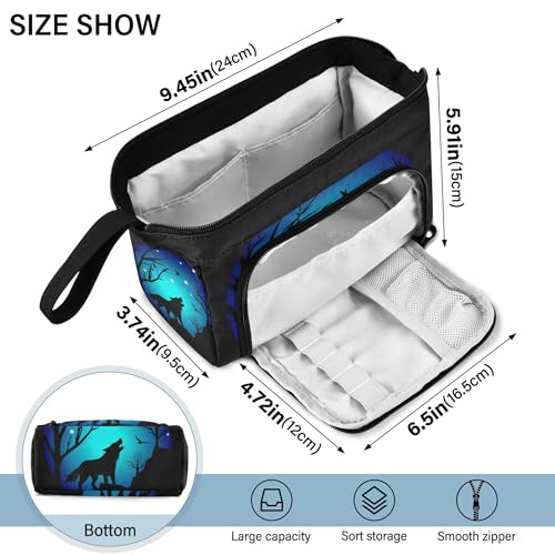 Image of Fisyme Blue Moon Wolf Pencil Case Large Capacity Pencil Pouch Pen Bag Box Big Makeup Pencil Case Organizer