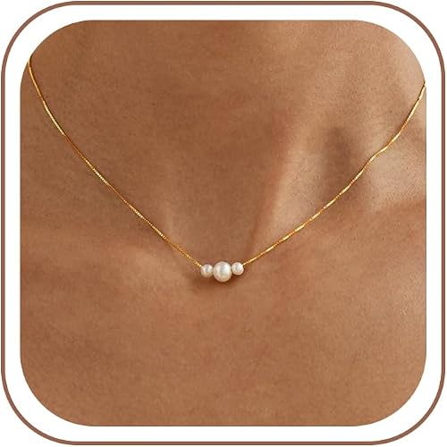Gold Pearl Necklaces for Women Trendy, 14K Gold Plated Dainty Necklace Simple Layered Pearl Necklaces for Women Trendy Wedding Birthday Jewelry