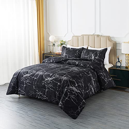 Image of Caressma Twin Size Black Marble Comforter Set, Lightweight Soft 100% Microfiber Bedding Comforter Sets, Fluffy Comforter with Pillowcase 2 Pieces