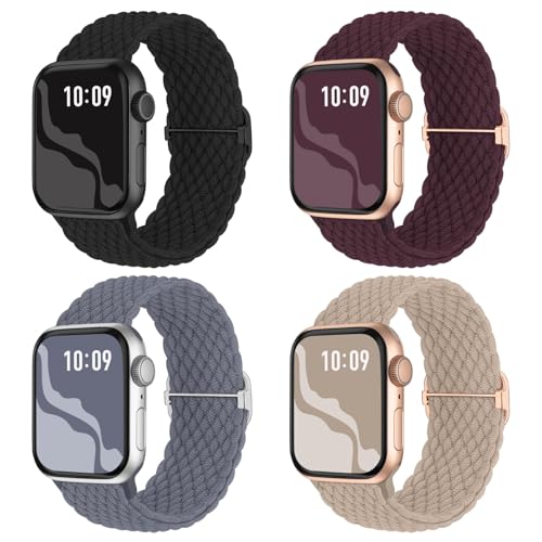 Image of 4 Pack Braided Stretchy Bands Compatible with Apple Watch 40mm 41mm 38mm 42mm 44mm 45mm 46mm 49mm Women Men, Breathable Nylon Elastic Daily Use Straps for iWatch Series 11 /10 9 8 7 6 5 4 3 SE /Ultra 2