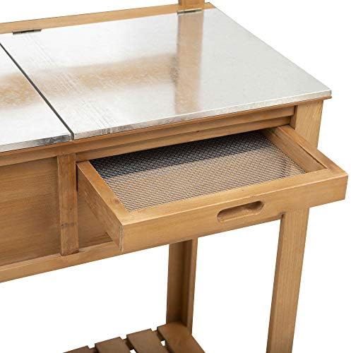 Outsunny Wooden Spacious Garden Potting Table with Large Storage Space Galvanized Metal Workstation with Metal Sieve Screen, Sink Shelves and Hooks Garden Work Bench 80L x 42W x 142H cm