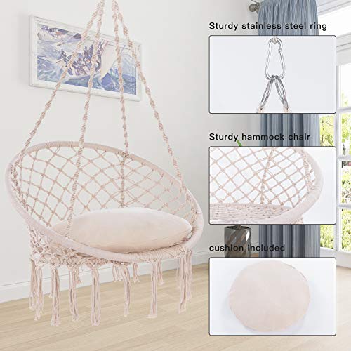 Hammock Chair Hanging Rope Swing -1 Cushion Included-Large Macrame Hanging Chair With Pocket- Quality Cotton Weave For Superior Comfort & Durability (White) #TOP4