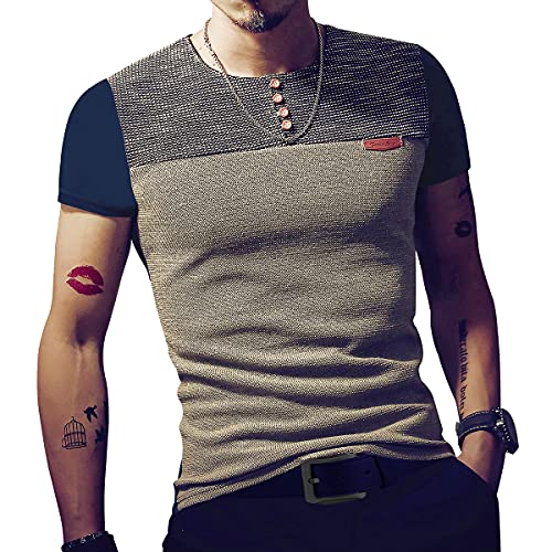 LOGEEYAR Mens Slim Fitted Casual Short Sleeve Button T-Shirts Contrast Color Stitching Tees Tops A-Blue — view 5