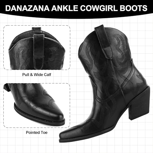 Wide Calf Cowgirl Ankle Boots Women Western Embroidered Booties Lady Pointed Toe Pull On Boot Retro Country Cowboy Ankle Boots Size 6-113