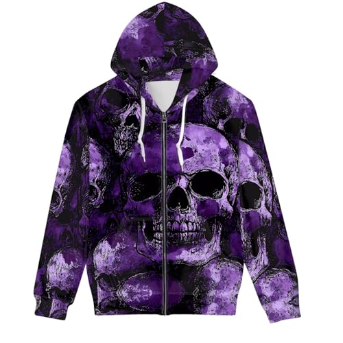 Mens Hoodies Zip up Cool 3D Skull Print Hoodie Long Sleeve Casual Sweatshirts with Pocket