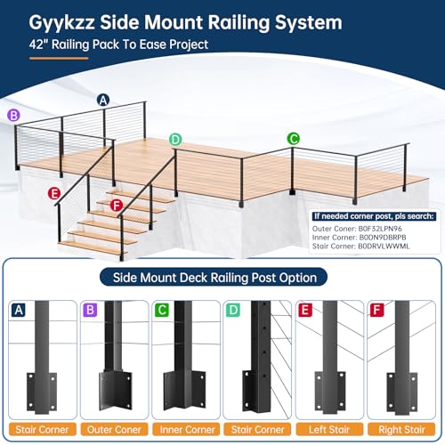 Image of 4-12FT Swageless Side Mount Stair Cable Railing Post for 28-38 Degrees Stair, Left Side Railing System 3 Stair Post, 141FT Cable, 22 Patent Terminal, Fascia Mount Post Kit for 36 inch /42 inch Railing