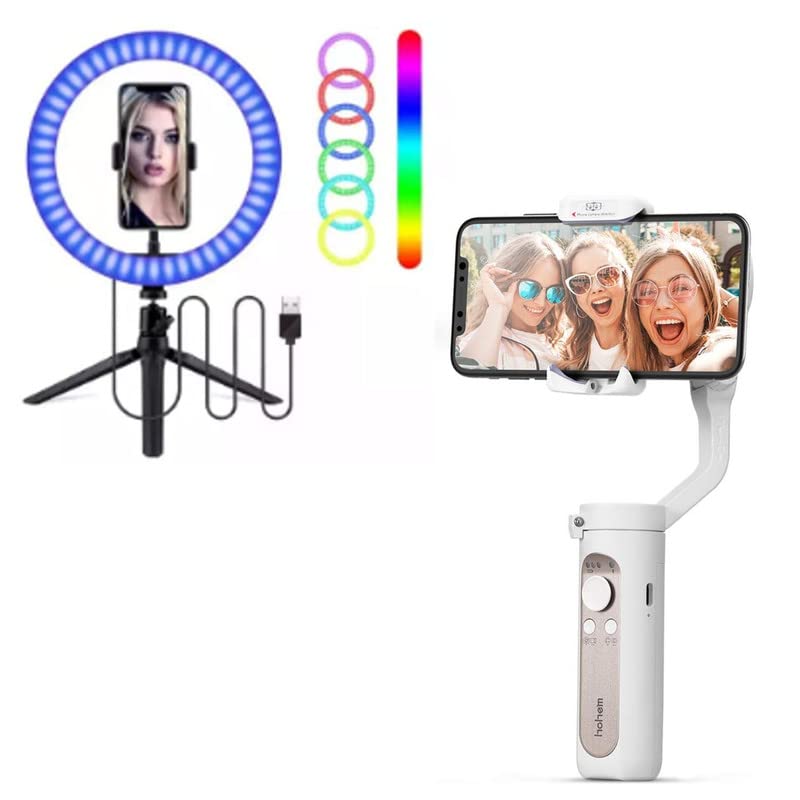 drumstone x gimbal stabilizer for smartphone, 3-axis handheld gesture control phone with rgb led selfie ring light 26cm spotlight fill light lamp makeup ringlight remote adjustable dimmable