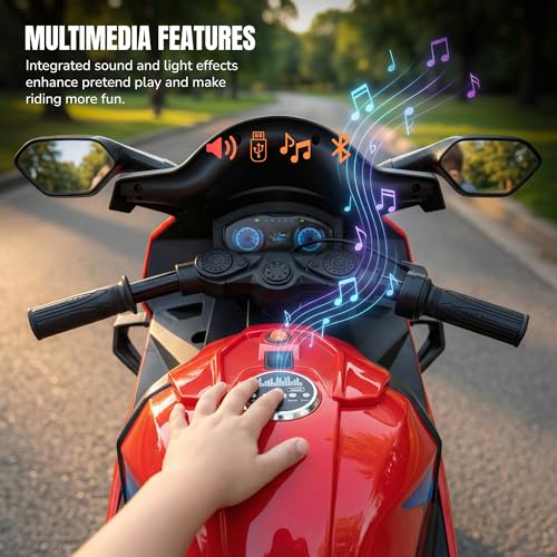 Image of Baybee BTR Baby Battery Operated Bike for Kids with Hand Accelerator USB Bluetooth, Rechargeable Rideon Toy Bike with RGB LED Light & Music, Baby Electric Bike for Kids 3+ Years Boys Girls (Red)
