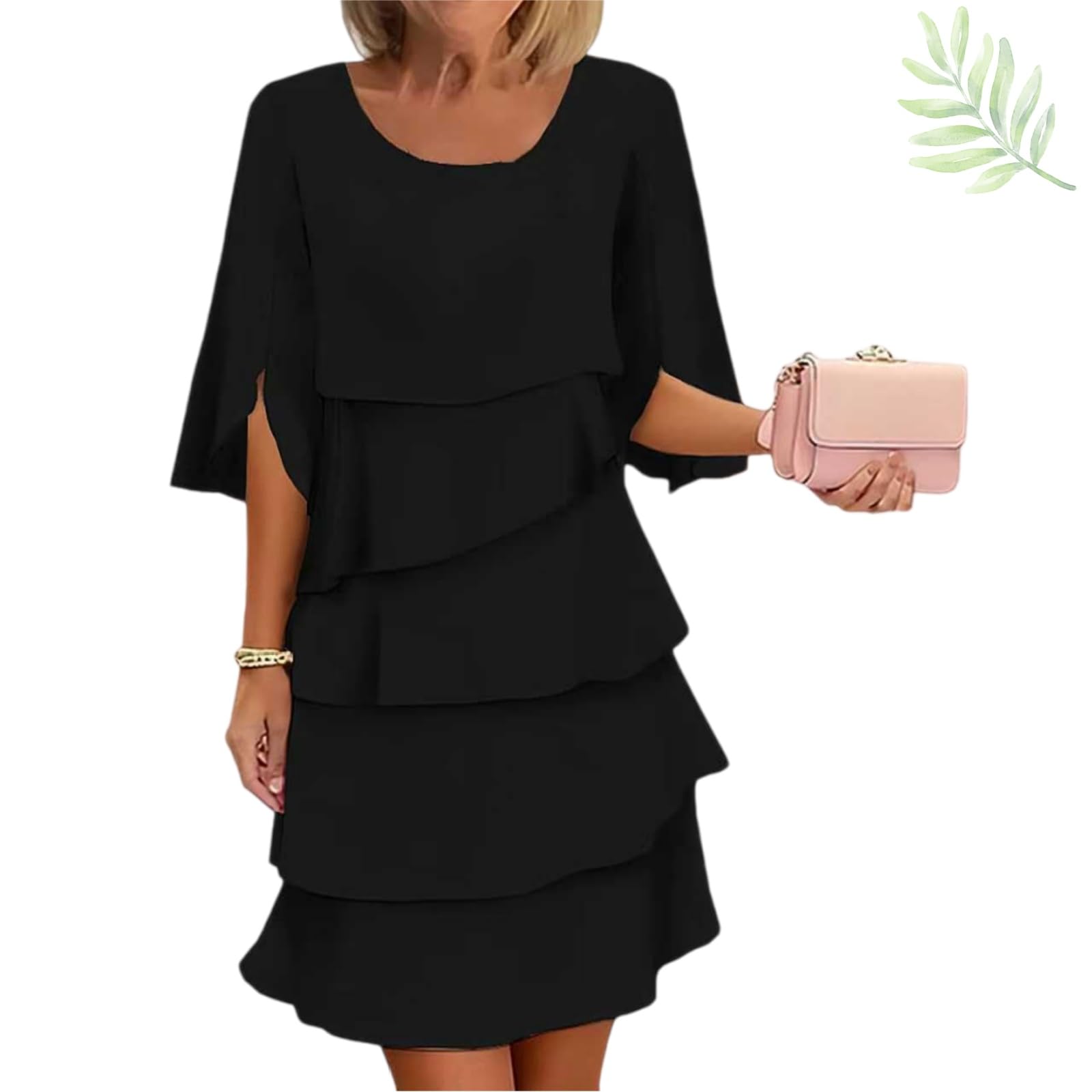 Generisch Elegantes Damen-Kleid mit gestuften Rüschenärmeln – Fließendes Midi-Kleid aus Chiffon mit Rundhalsausschnitt und mehrstufigen Rüschenlagen – Für Freizeit & Party