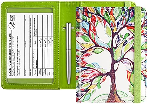 ACdream Passport and Vaccine Card Holder Combo, Cover Case with CDC Vaccination Card Slot, Leather Travel Documents Organizer Protector, with RFID Blocking, for Women and Men, Love Tree