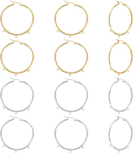 UNICRAFTALE 8 aretes de aro de acero inoxidable 304 de 2 colores, aretes de aro grandes de calibre 12, aretes de aro hipoalergénicos con 5 bucles