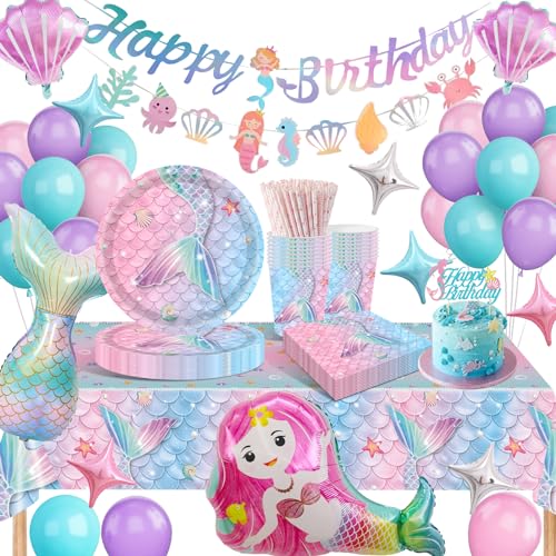 HLEIUKT Decoração de aniversário sereia Set, conjunto de louça de sereia para festa de aniversário, pratos e copos para sereia aniversário, festa temática (16 convidados)