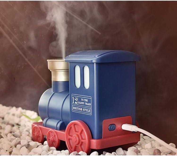 Compact Portable- Retro Train Engine design Cute and Efficient Air Humidifier Moisturize With USB Cable and Battery-Operated Train Room Humidifier For Home, Living Area, office Etc (Blue)