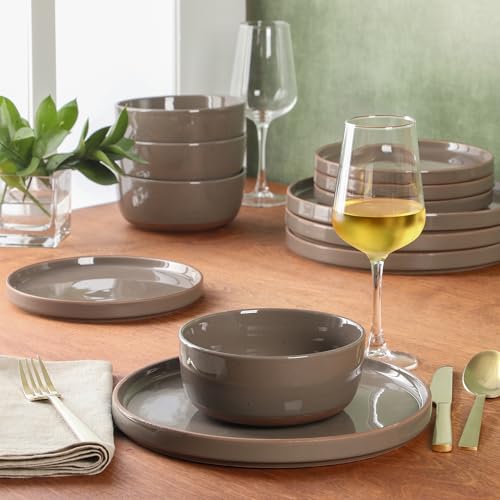 Image of Gibson Elite Northrock Stoneware Dinnerware Set, 12-Piece Service for 4 Plates and Bowls Set - Gray Dishes with Hand-Painted Terracotta Base