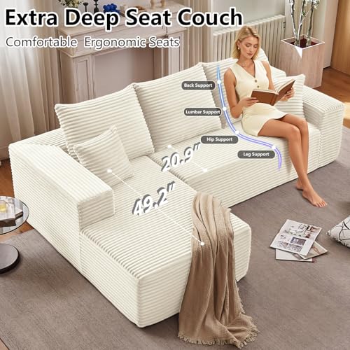 Image of 107 inch Cloud Sectional Couch with L-Shape Chaise, Modern Modular Comfy Sofa with Deep Seat, Upholstered Corduroy Couches Sleeper Chaise Longue for Living Room Bedroom, No Assembly Required, White