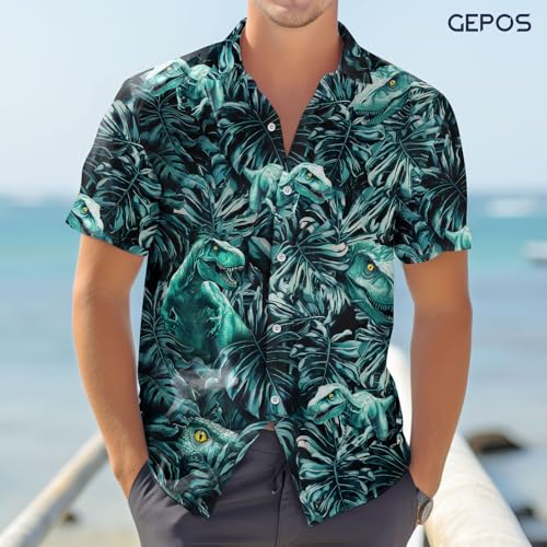 Dinosaur Short Sleeve Hawaiian Shirt, Funny Animal Print Casual Button Shirt, Summer Gifts, Birthday Gifts2