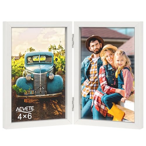 AEVETE 4x6 Picture Frames Double Hinged Wood Folding Photo Frames Vertical with Plexiglass Front, White by AEVETE - Used condition - US$7.56