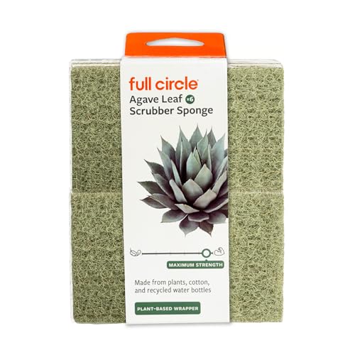 Image of Full Circle Heavy Duty Scrubber Sponge - Robust Agave Leaf & Plastic-Free Cellulose - Dual-Sided Dish Sponge for Cast Iron, Grill Grates & Oven Racks, 6 Pack