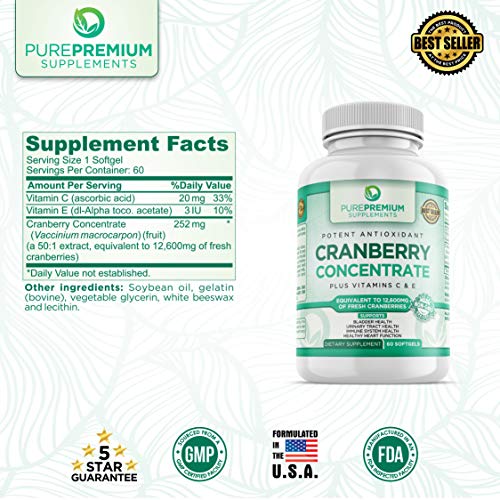 Purepremium Cranberry Supplement - Cranberry Pills Vitamin From Concentrate Extract For Men & Women - 1 Cranberry Capsules Equals 12,600Mg Cranberries Strength - Supports Normal Urinary Tract Health #TOP2
